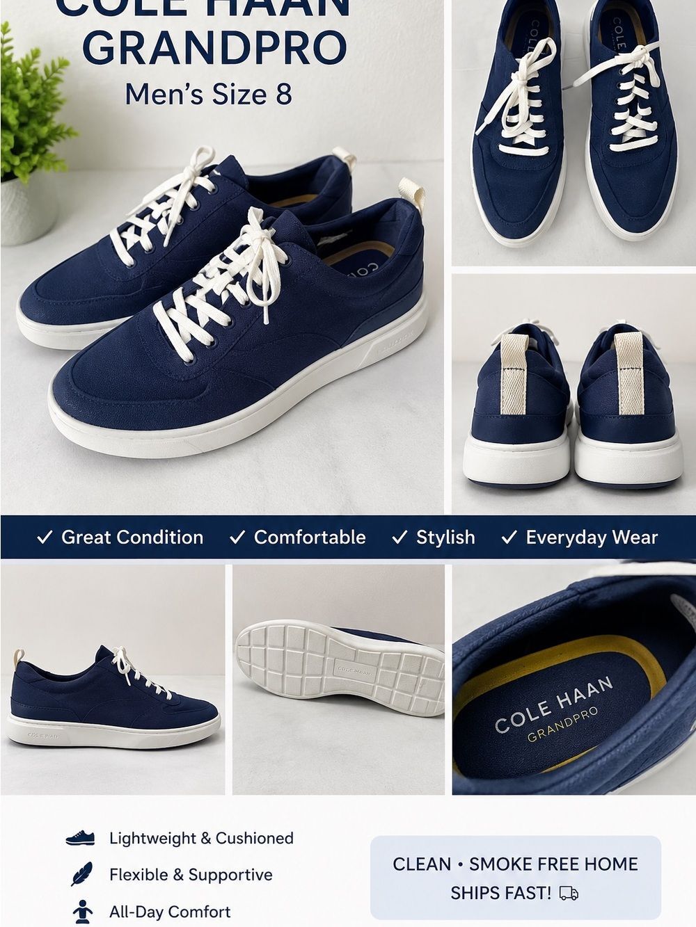 Cole Haan GRANDPRØ Rally Navy white  Canvas Court Oxford Sneakers size 8 Men’s
